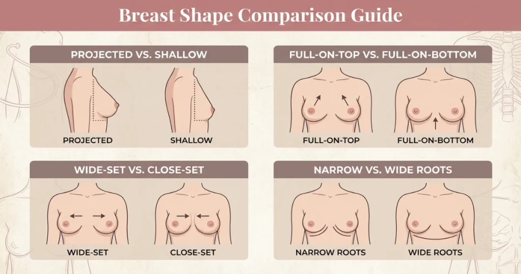 Breast shape types that affect 34D bra fit including projected and shallow shapes