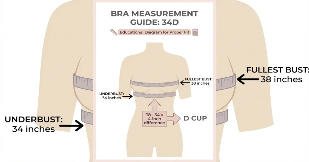 34D bra size measurement diagram showing 34-inch band and 4-inch bust difference