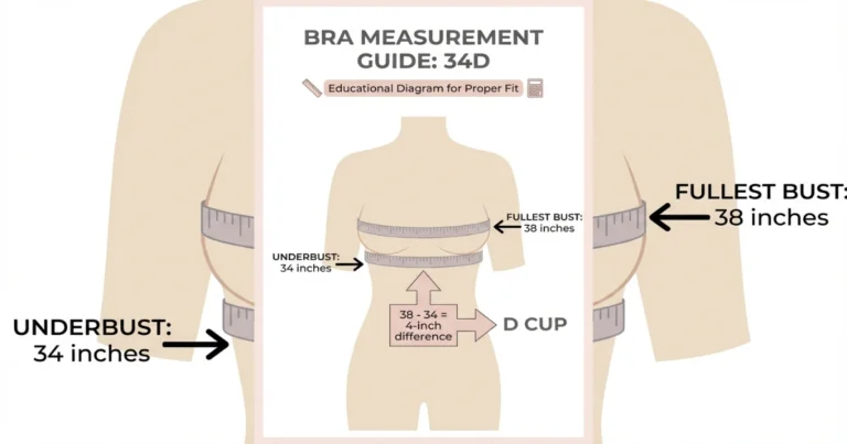 34D bra size measurement diagram showing 34-inch band and 4-inch bust difference