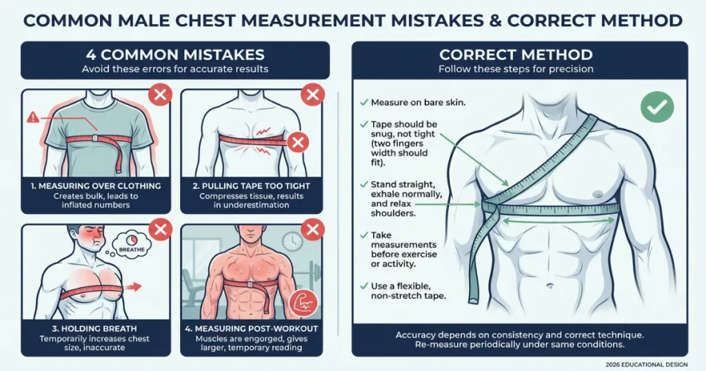 Common male chest measurement mistakes including measuring over clothing, pulling tape too tight, and holding breath during sizing.