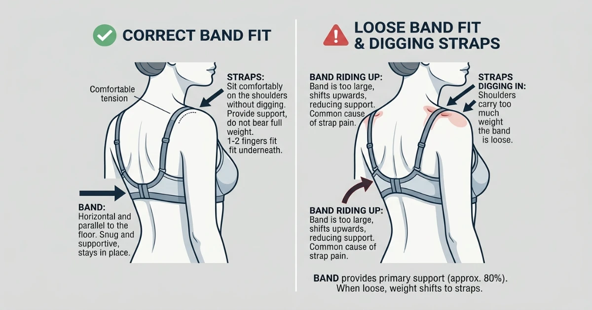 Illustration of common bra fit problems: band riding up at the back and straps digging into shoulders