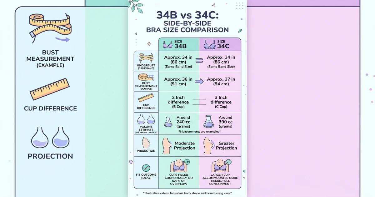 Infographic comparison chart for 34B vs 34C bra sizes showing measurements, cup volume, sister sizes and fit characteristics side by side