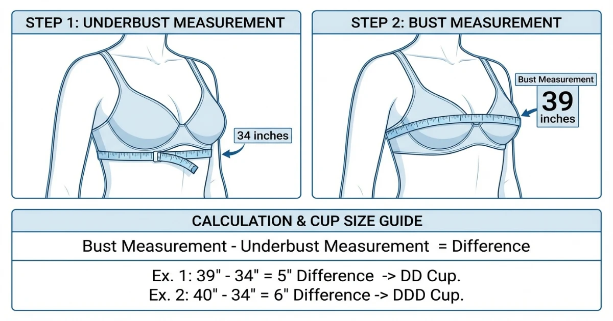 Diagram showing how to take underbust and bust measurements to determine whether you wear a 34DD or 34DDD bra size
