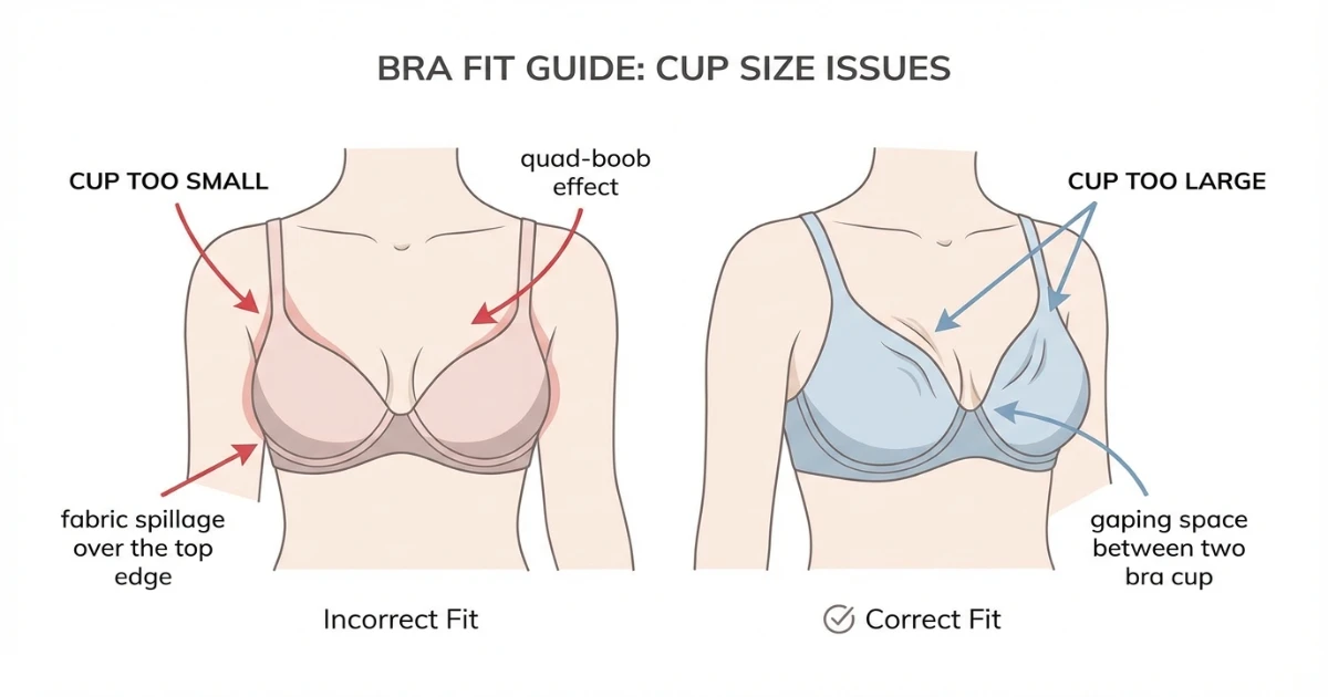 Side-by-side illustration of common bra fit problems including spillage in a too-small cup and gaping in a too-large cup