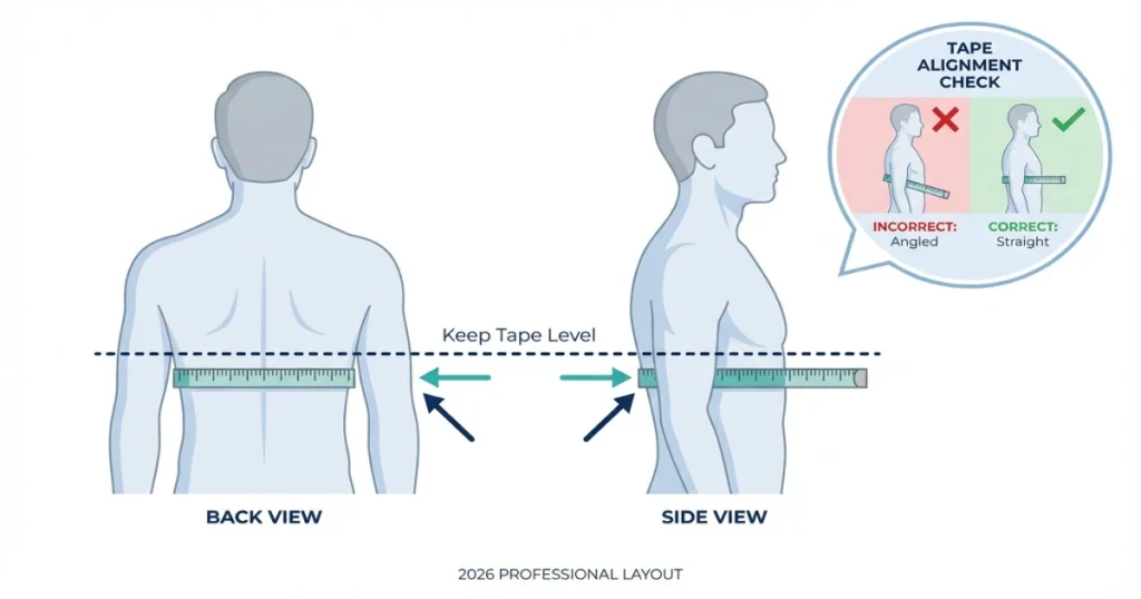 Mirror view of correct male rib cage measurement with tape level across back and front for accurate compression vest sizing.