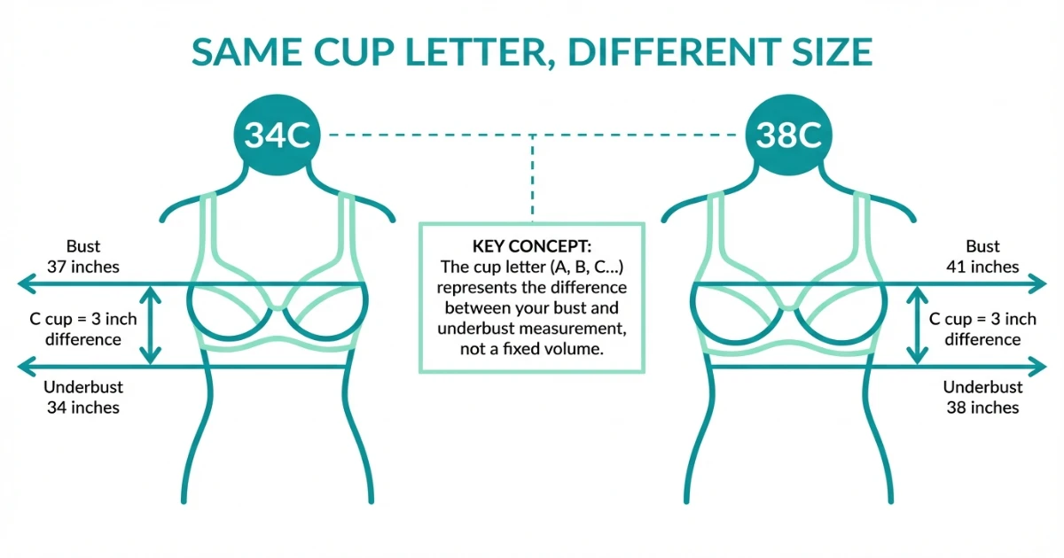 34C vs 38C cup size diagram showing same C cup ratio but different band and bust measurements