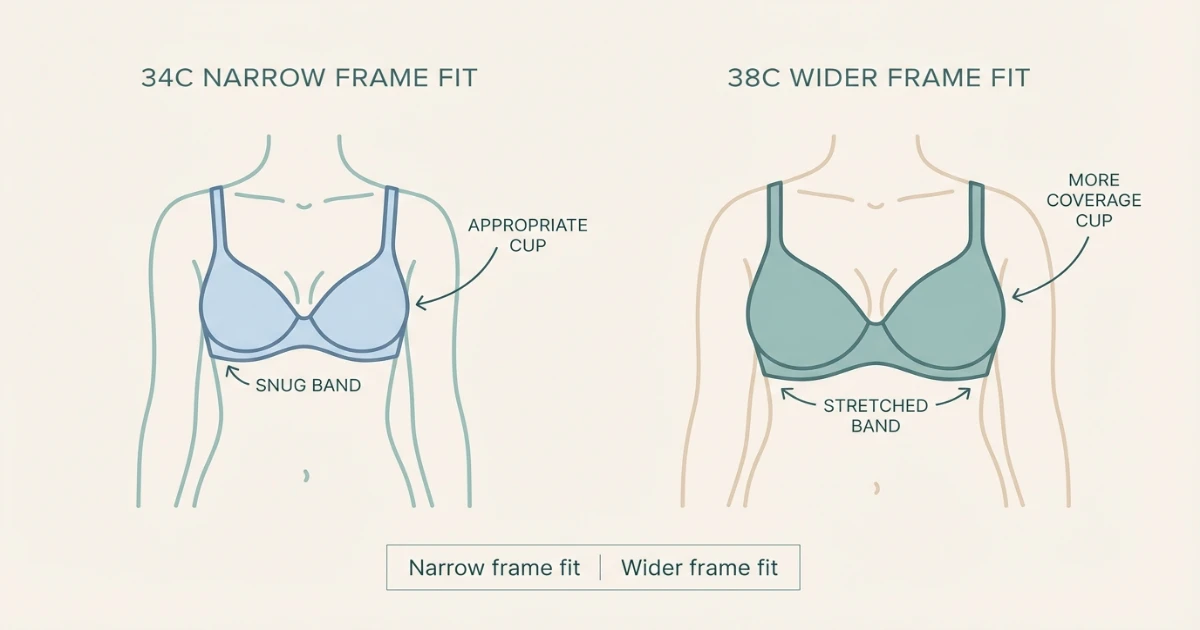 band size comparison between 34C and 38C showing narrower ribcage vs wider ribcage fit