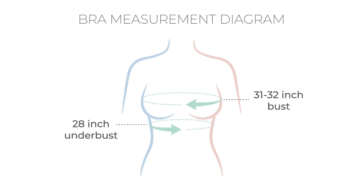 Bra measurement diagram showing underbust and bust measurements for calculating 28C and 28D cup sizes