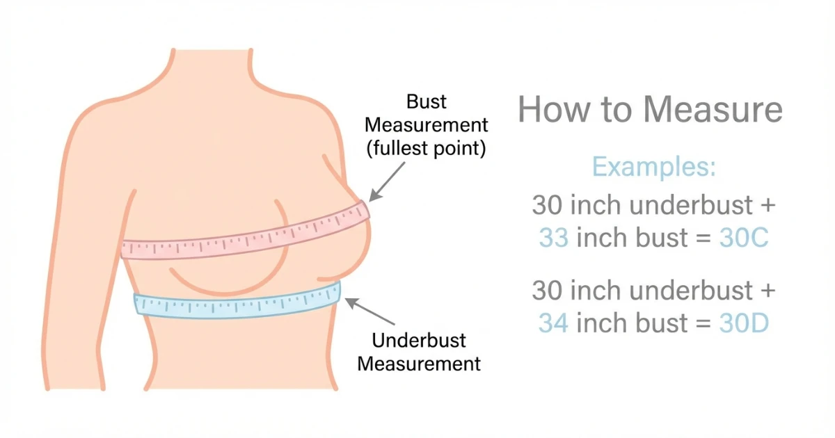 Bra measurement diagram illustrating how to measure underbust and bust to calculate cup size for 30C and 30D