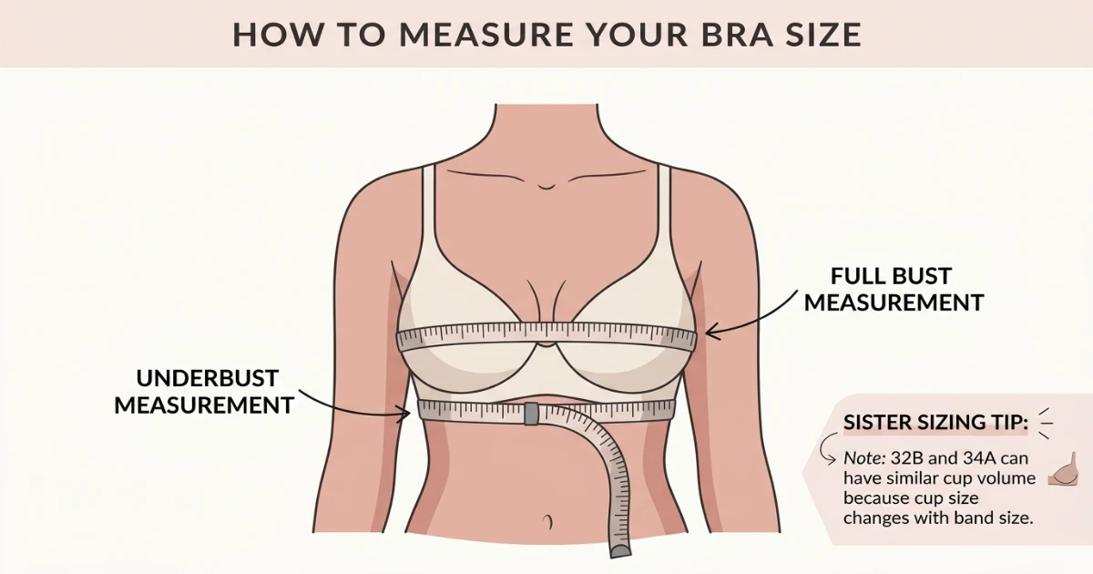 Diagram showing how underbust and full bust measurements correspond to 32B and 34A bra sizes