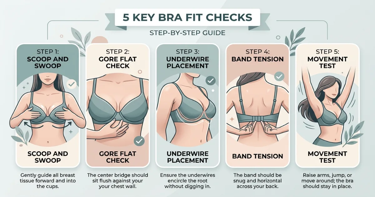 Bra fit test infographic showing scoop and swoop, gore check, underwire placement, band test, and movement test