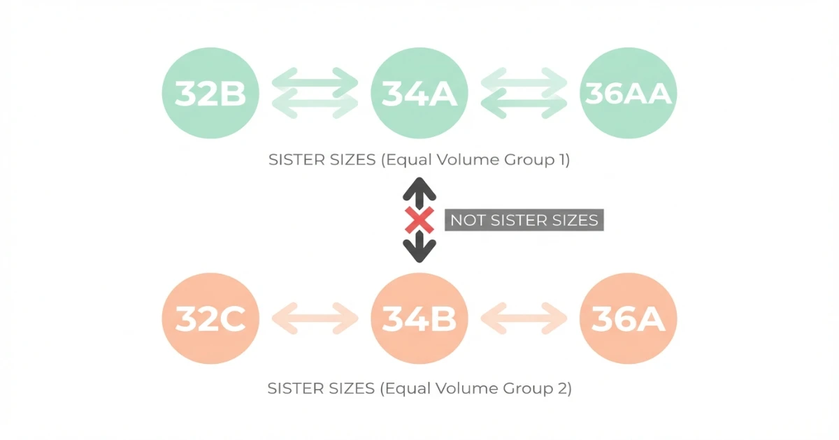 Sister size chart showing 32B equals 34A equals 36AA in cup volume, and 32C equals 34B equals 36A