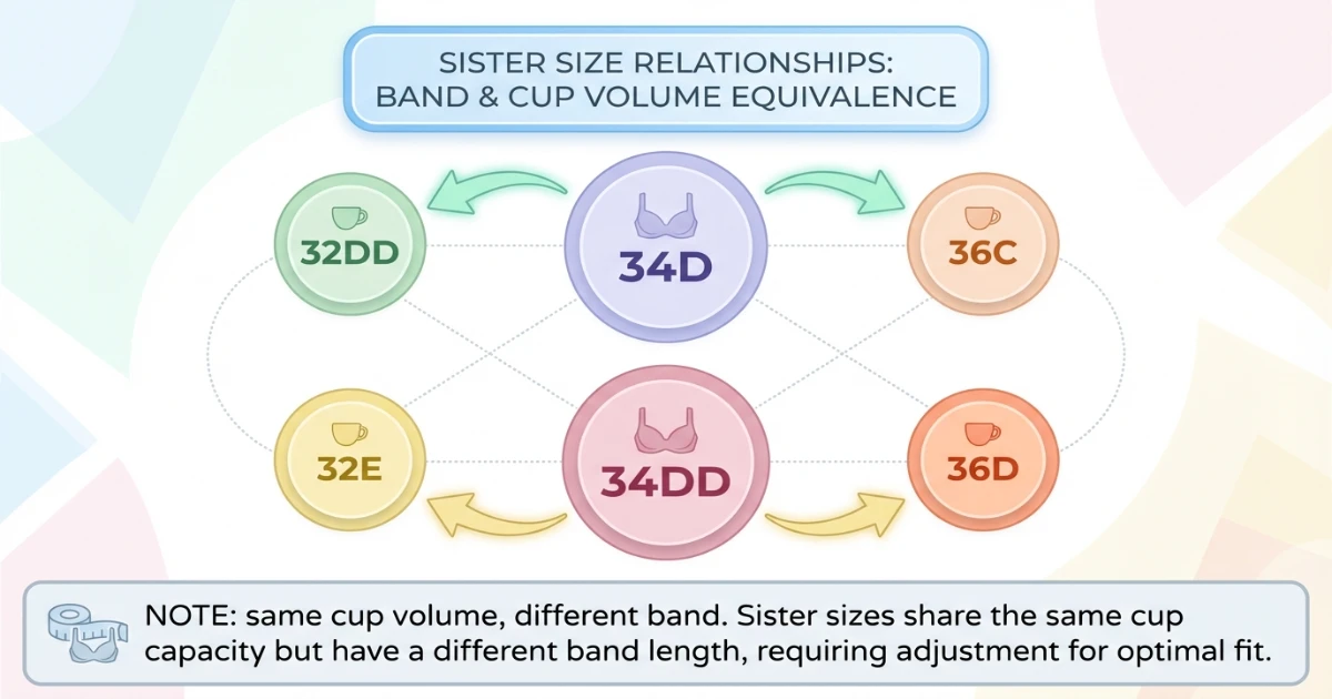 Infographic comparison chart for 34D vs 34DD bra sizes showing measurements, cup volume in ml, projection difference, and sister sizes side by side