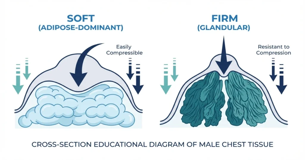 Educational diagram comparing soft adipose tissue and firm glandular gynecomastia tissue under compression for male chest support garments.