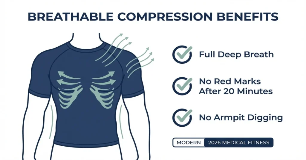 Proper fit test for male compression garment showing full breathing range, no red marks, and comfortable rib cage support.