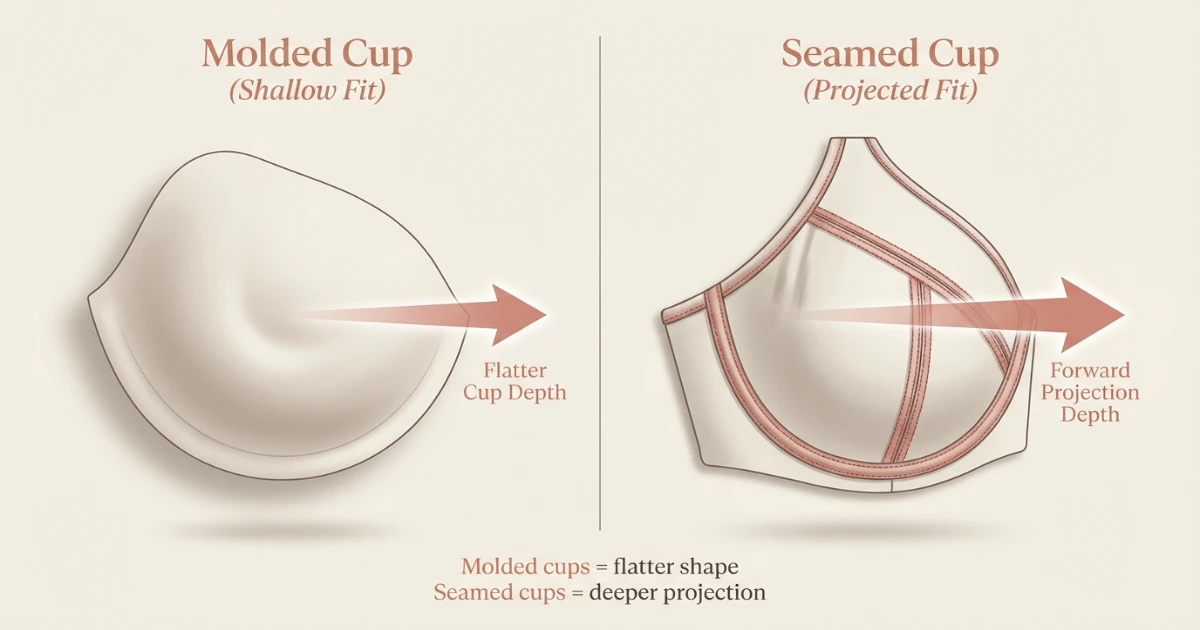 Molded bra cup vs vertical seamed cup comparison showing projection depth differences