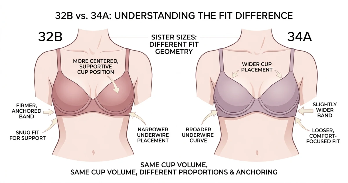 Illustration comparing how 32B and 34A sit on the body showing band tension and cup placement differences