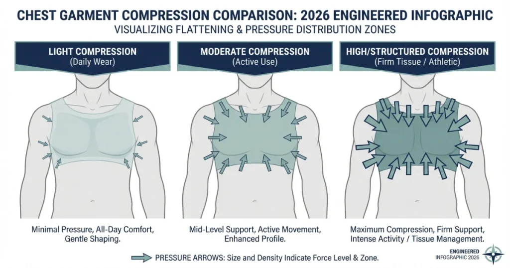 Comparison of light, moderate, and high compression levels on male chest support garments showing pressure distribution and flattening differences.