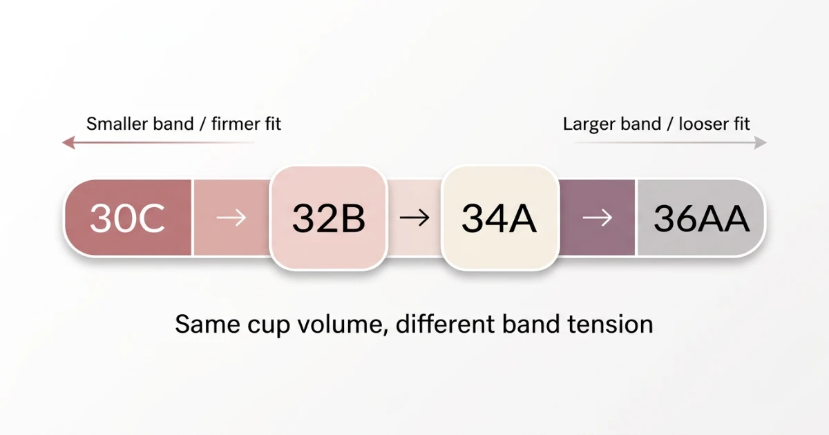 Sister size chart highlighting 32B and 34A alongside adjacent equivalent bra sizes on the same volume row