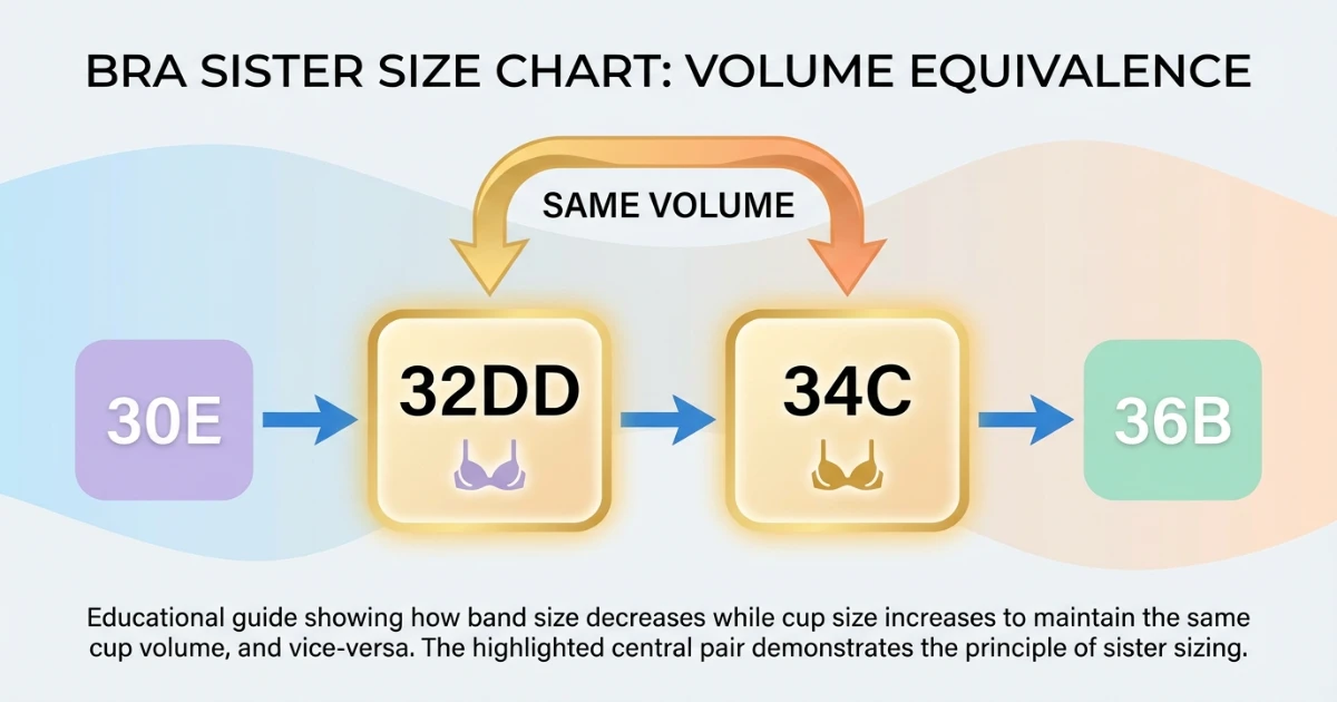 bra sister size chart showing 32DD next to 34C with similar cup volume highlighted
