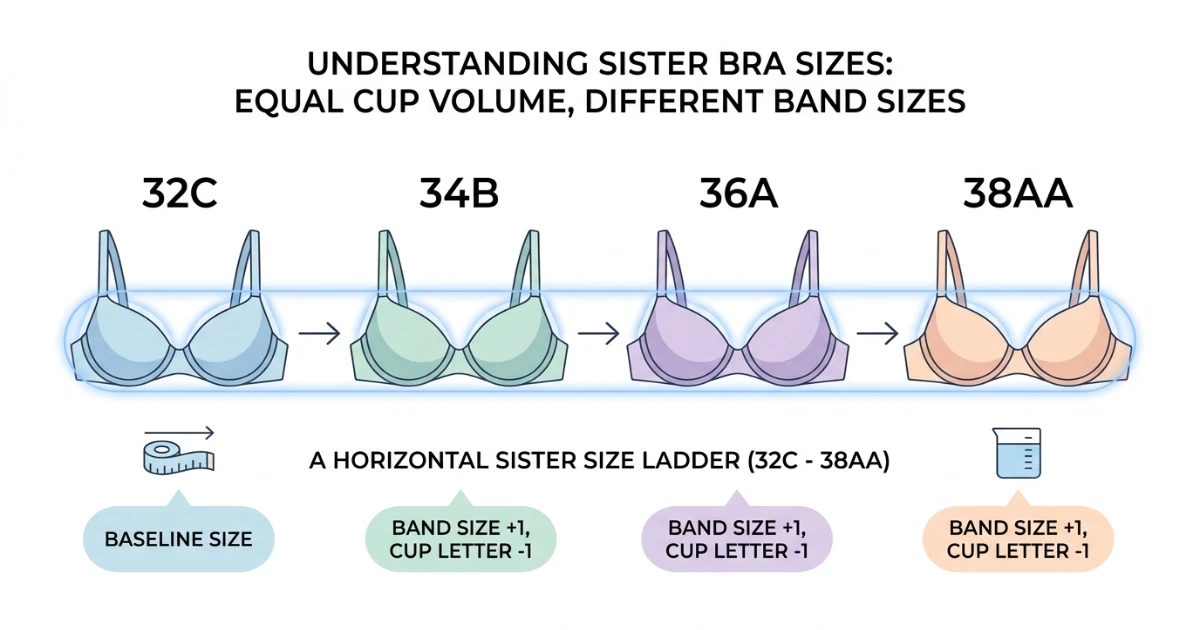 Sister size ladder chart showing 32C, 34B, 36A, and 38AA as equivalent cup volume sizes