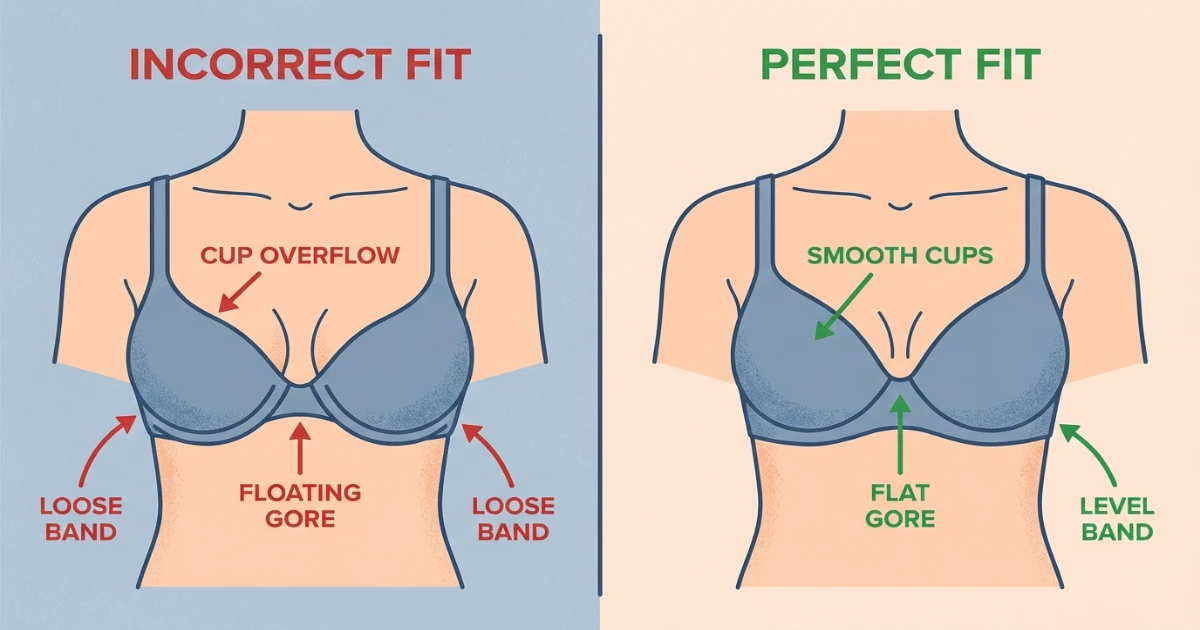 bra cup overflow compared with proper cup fit showing the difference between wrong and correct bra size