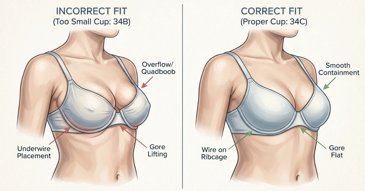 Bra fit problems diagram comparing too-small 34B (spillage, wire on tissue) with correctly fitted 34C showing smooth cup and proper wire placement