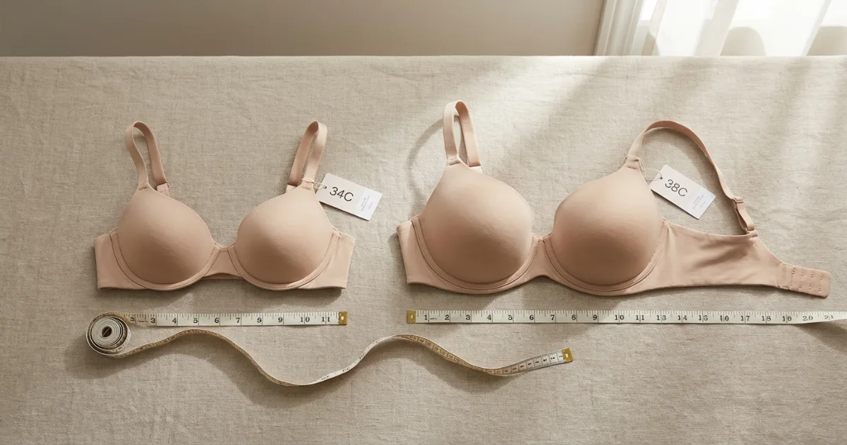 real bra comparison showing physical difference between 34C and 38C band length and cup size