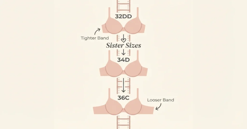 34D sister sizes diagram showing 32DD and 36C with same cup volume
