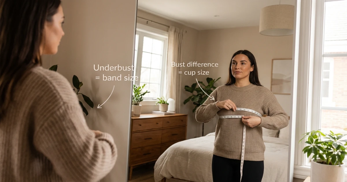 Flat-lay of bras in 34A and 34B sizes with measuring tape, representing the bra fit calculator tool