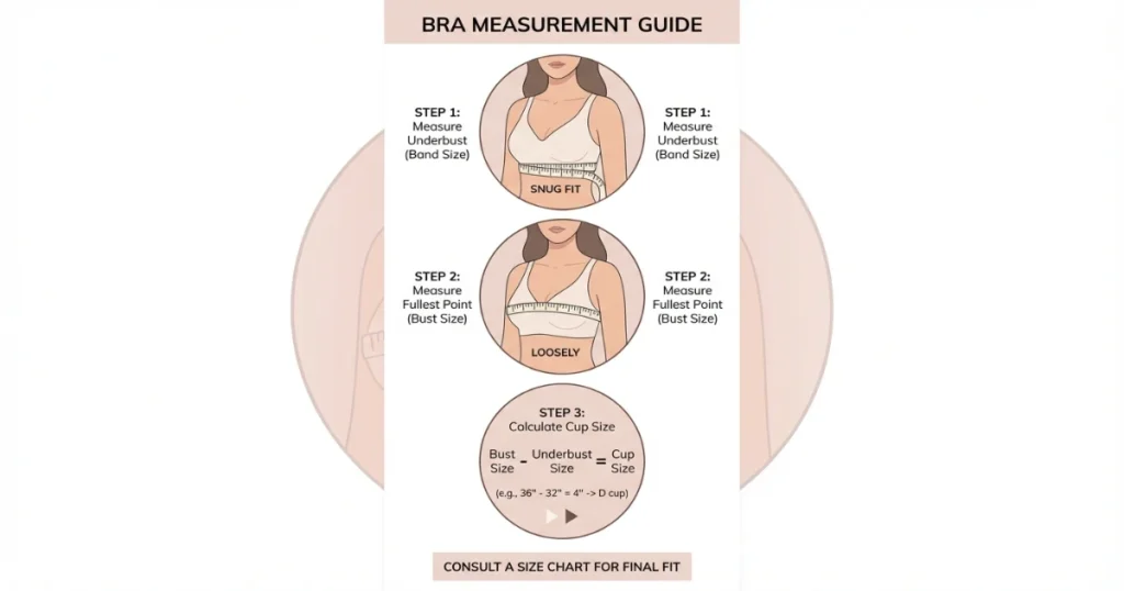 How to measure for 34D bra size with underbust and bust measuring tape placement
