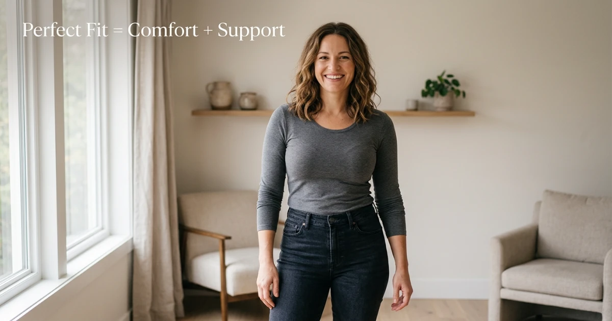 Bra fit test infographic for verifying correct cup size between 34D and 34DDD