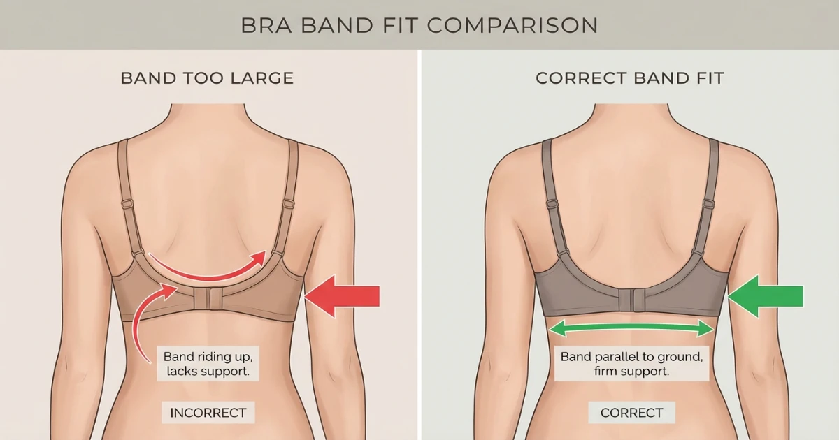 Bra fit comparison showing band riding up versus correct parallel band position in 32DDD and 34DD