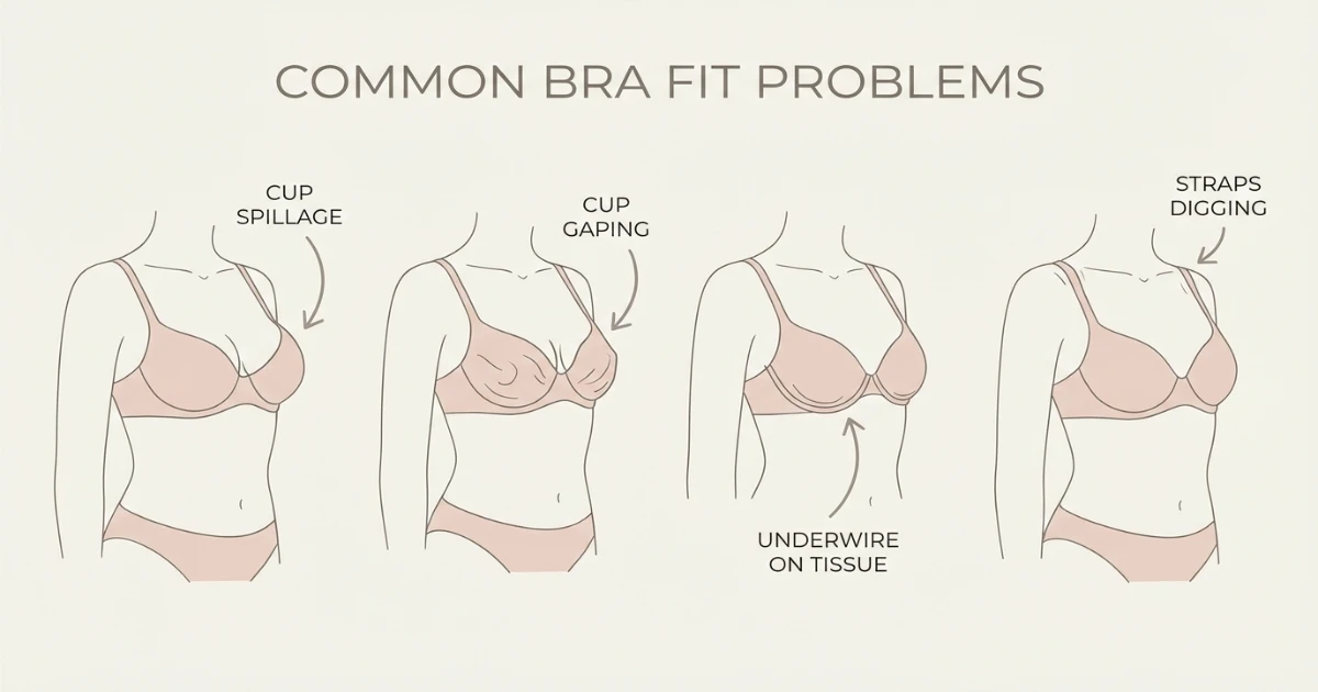 Illustration of bra fit problems: spillage, cup gaping, and underwire displacement comparing 36C and 36D