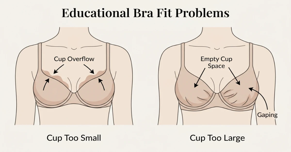 Bra fit problems illustrated: spillage in too-small cup and gaping in too-large cup