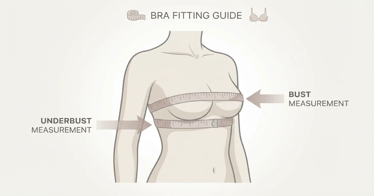 Illustration showing how to measure underbust and bust using a measuring tape for bra sizing.