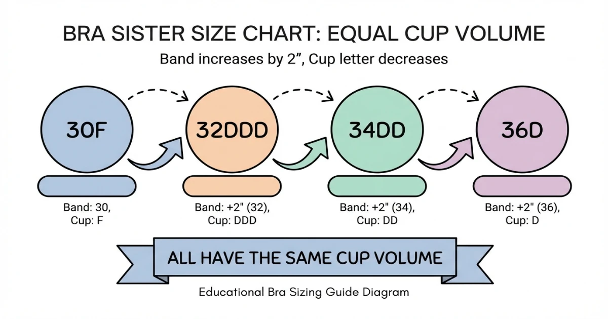 Bra sister size chart showing 32DDD to 34DD to 36D progression with equal cup volume