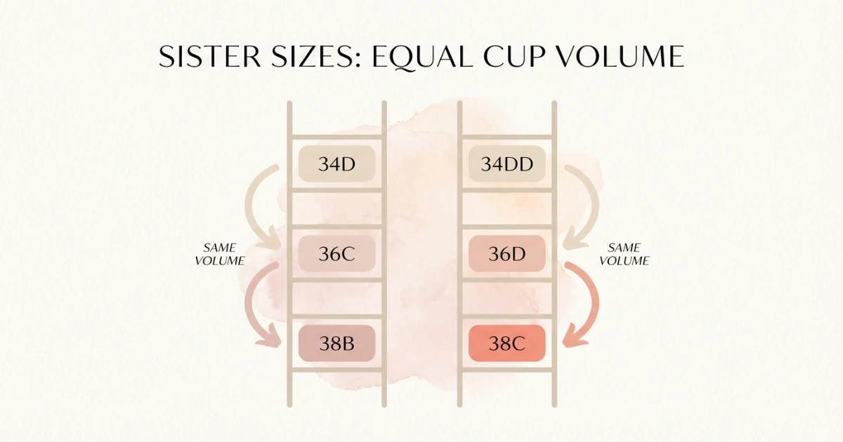 Sister size ladder chart showing equivalent cup volumes for 34D, 36C, 38B and 34DD, 36D, 38C