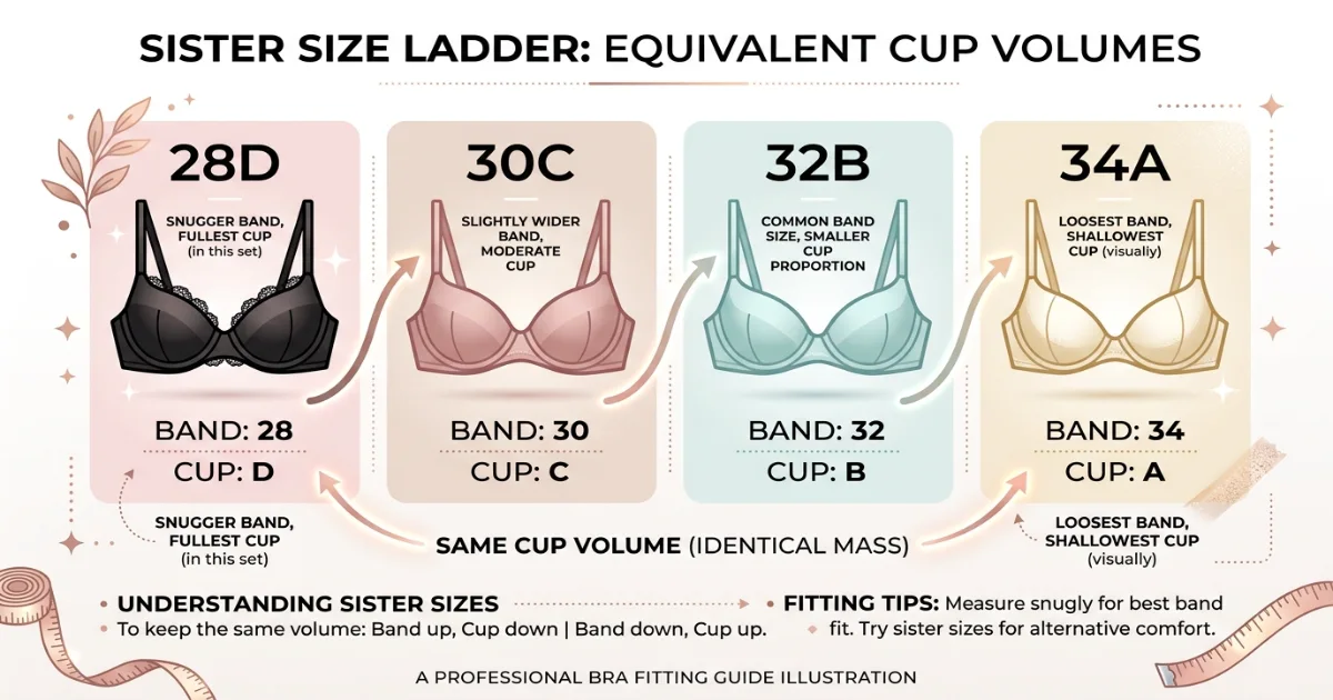 Diagram illustrating that 30C, 32B and 34A all contain equal cup volume as sister sizes