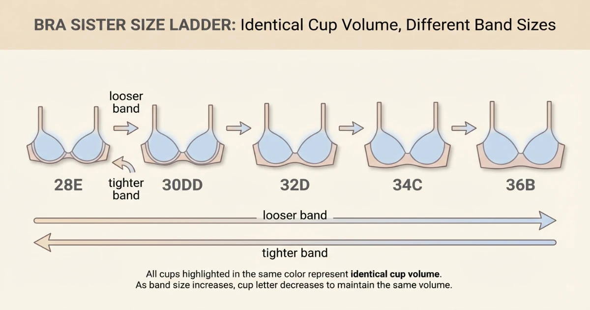 Sister size row diagram showing 28E, 30DD, 32D, and 34C all sharing equal cup volume
