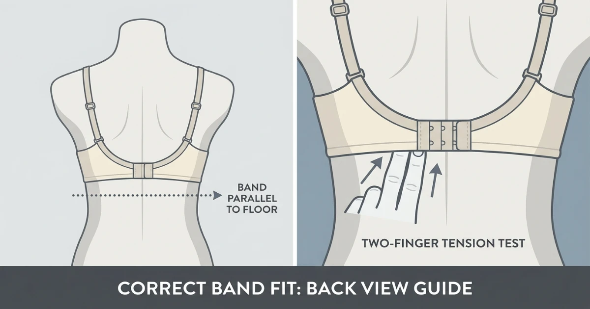 Illustration of correct bra band fit: band level and parallel to floor, two fingers fitting snugly underneath