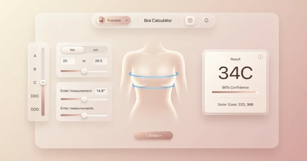 Cup size calculator interface showing bust and underbust measurements with instant bra size result and sister sizes