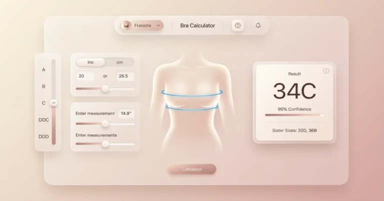 Cup size calculator interface showing bust and underbust measurements with instant bra size result and sister sizes