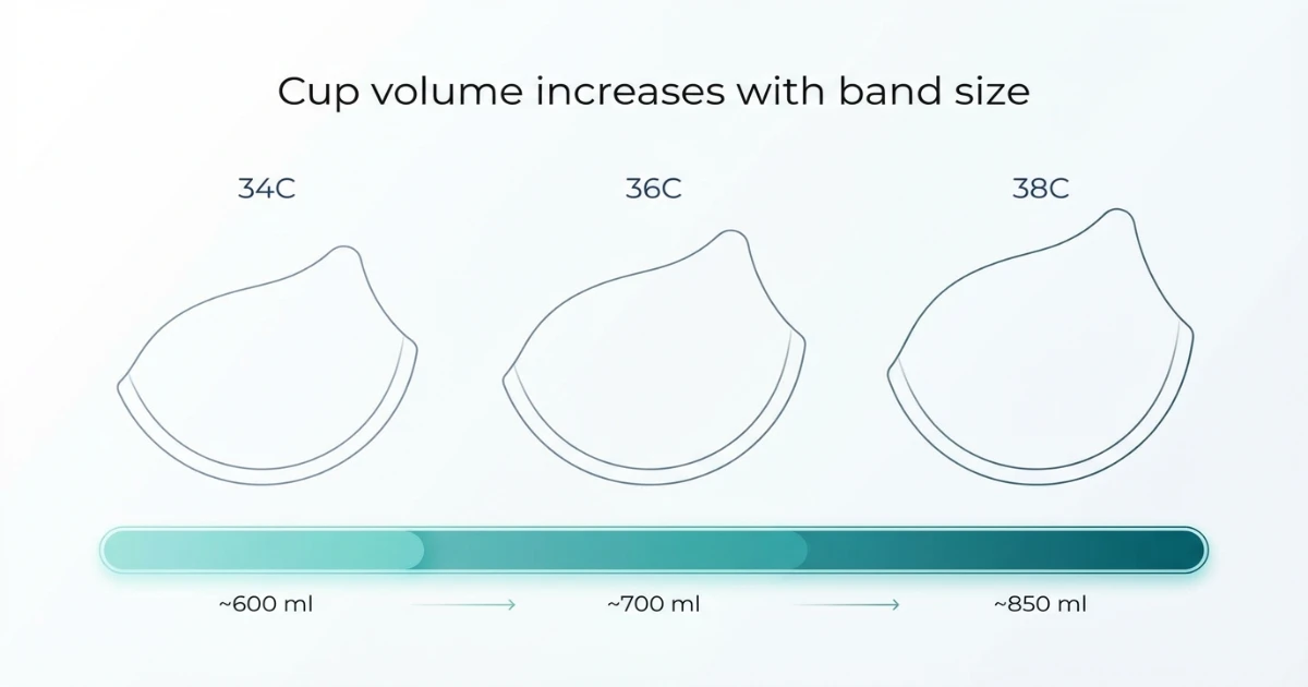 C cup volume comparison chart showing 34C vs 36C vs 38C increasing in size as band increases
