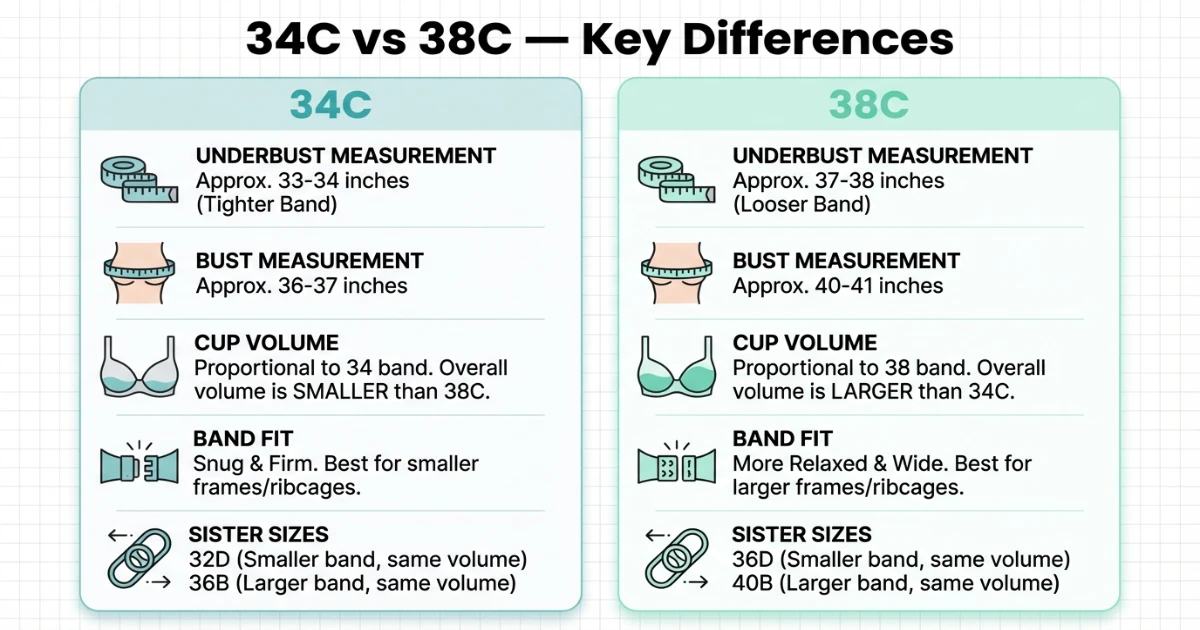 34C vs 38C bra size comparison infographic showing measurements cup volume band fit and sister sizes