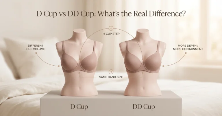 D Cup vs DD Cup comparison image showing the same band size with DD cup slightly fuller and deeper than D cup