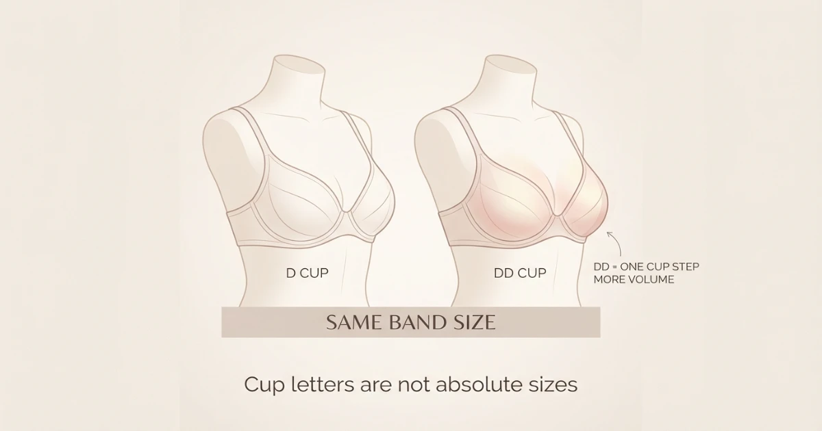 Side-by-side comparison of D cup and DD cup on the same band size showing volume difference