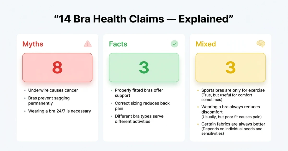 Checklist infographic showing which breast health and bra fit claims are scientifically supported — poor fit and back pain is supported; bras causing cancer is not