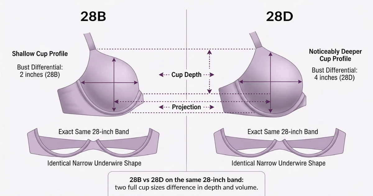Side-by-side cup depth diagram for 28B and 28D bra sizes on the same 28-inch band — illustrating the two-cup volume difference between a shallow B cup and a moderately deep D cup