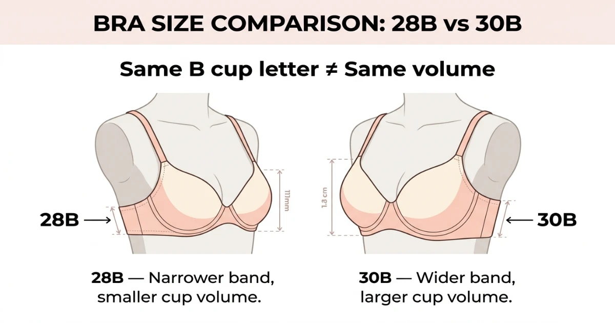 Side-by-side diagram comparing 28B and 30B bra sizes — same B cup letter on different band widths, showing that 30B holds more cup volume because the wider band increases the physical size of the cup space